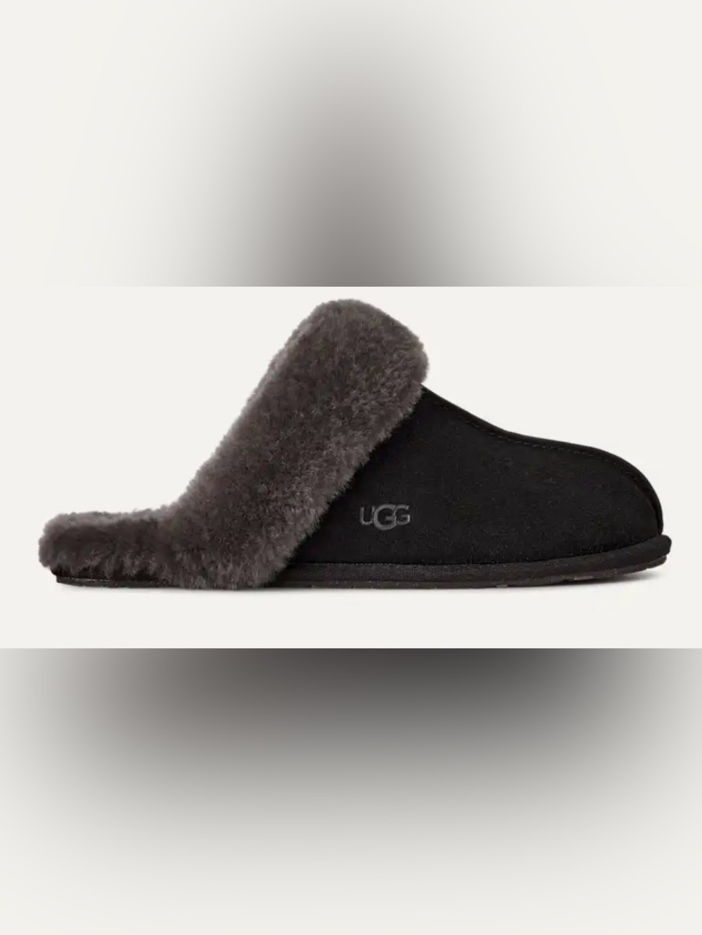 UGG Black Suede Slippers with Gray Shearling Cuff